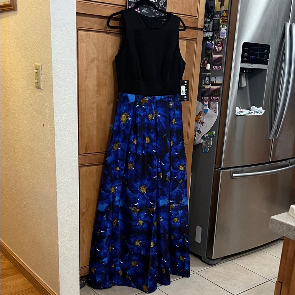 New Elegant Black and Blue Floral Gown